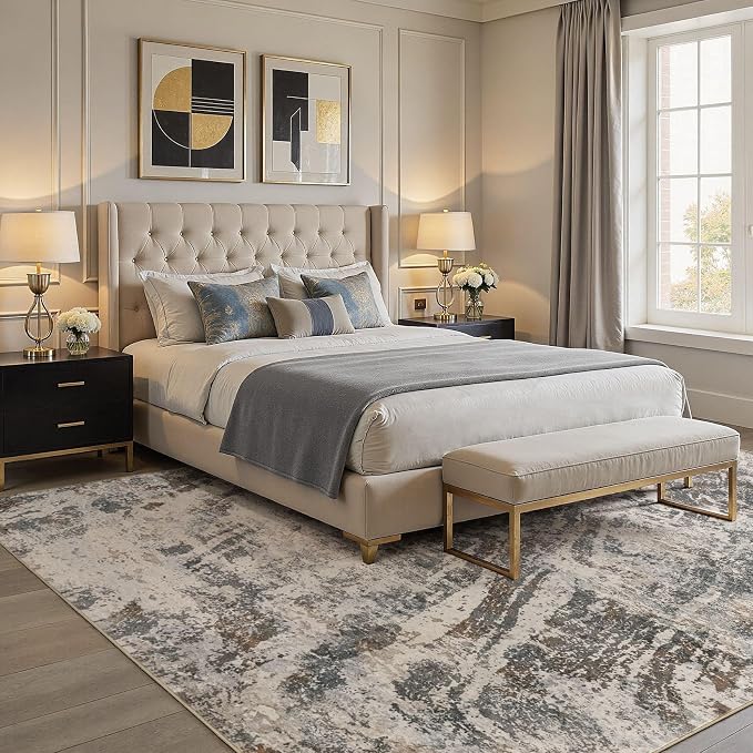 DMOYEST Area Rug Living Room Rugs - 10x12 Large Soft Indoor Neutral Modern Abstract Low Pile Washable Rug Carpet for Bedroom Dining Room Farmhouse Home Office-Dark Brown/Grey