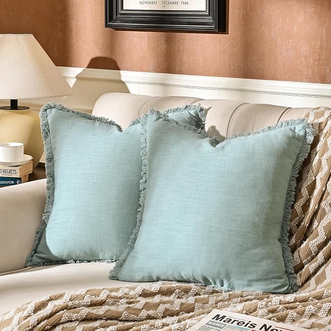 AmHoo Pack of 2 Linen Pillow Covers with Tassels Fringed Decorative Rustic Natural Throw Pillowcase Cushion for Couch Sofa Bedroom 24 x 24-Inch Cloud Blue