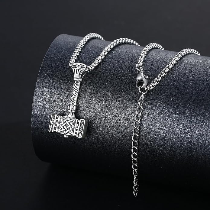 CUOKA MIRACLE Thor Hammer Necklace 925 Sterling Silver Norse Mjolnir Hammer Necklace Vintage Rune Amulet Viking Necklace Jewelry Viking Gift for Women Men