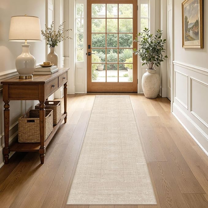 Nakagishi Washable Runner Rug 2x8: Vintage Neutral Non-Slip Entryway Rug for Hallway & Kitchen, Soft Low Pile Floor Carpet for Bedroom - Beige