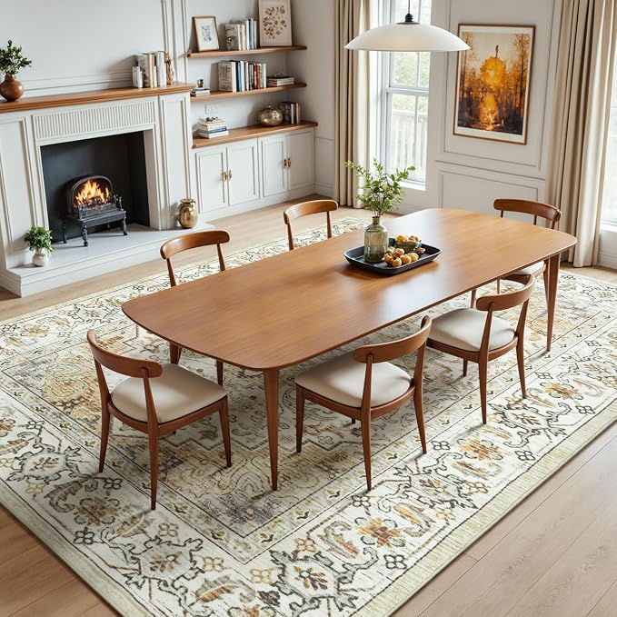 Lessymo 8 x 10 Area Rugs for Living Room, Machine Washable Area Rugs Boho Faux Wool Low Pile Area Rug for Bedroom, Floral Medallion Vintage Rugs with Non-Slip Rubber, Kid & Pet Friendly,Beige