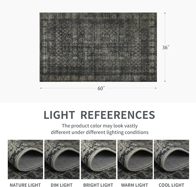 3x5 Vintage Washable Area Rug, Black | Living Room,Low Pile Non Slip Carpet Small Area Rug Soft Indoor Floral Print Mat for Bedroom Dining Room Entryway