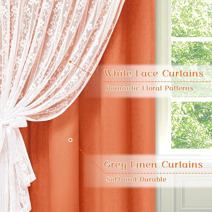 ASPMIZ Linen Curtains for Living Room Double Layers Curtains for Bedroom Farmhouse Window Curtain with Linen Lace, Orange Curtain 84 Inch Length 2 Panels Set, Rod Pocket Drapes with 2 Tiebacks, 52x84