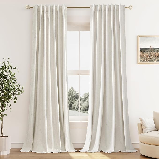 Extra Long 100% Blackout Linen Curtains for Bedroom 108 Inches Long 9 FT Natural Cream Black Out Curtain Back Tab Thermal Insulated Room Darkening Window Drapes for Living Room 2 Panels Beige Ivory