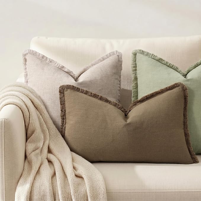 decorUhome Linen Fringe Light Brown Throw Pillow Covers 12x20 Set of 2 | Decorative Soft Accent Modern Boho Farmhouse Lumbar Cushion Covers with Tassels Cotton Pillow Covers for Couch Bed Sofa