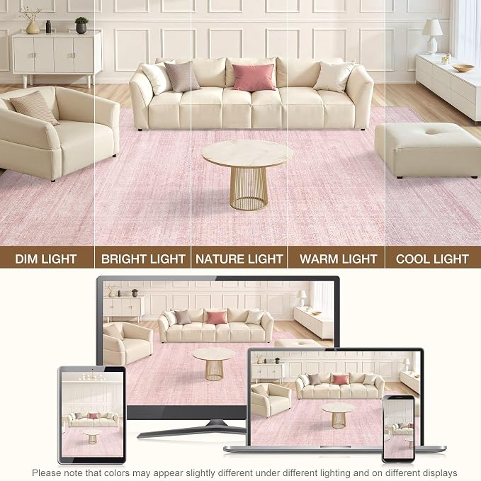 Nakagishi 7x9 Area Rugs Living Room: Washable Large Vintage Rug Neutral Non-Slip Soft Stain Resistant Indoor Carpet for Bedroom Nursery Dining Room Office Playroom - Pink