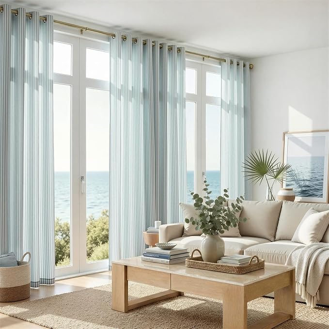 jinchan Linen Curtains 84 inch Aqua Blue Stripe on White Grommet 2 Panels | Curtains for Living Room Bedroom,Ticking Vertical Stripe ,Modern Beachy Coastal Drapes,Window Treatment,Light Filtering