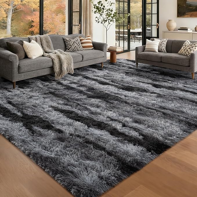 Large Shaggy 6x9 Area Rugs for Living Room Decor, Non-Slip Tie-Dyed Rugs for Bedroom Kids Playroom Dorm Room, High Pile Ultra Soft Carpet, Black