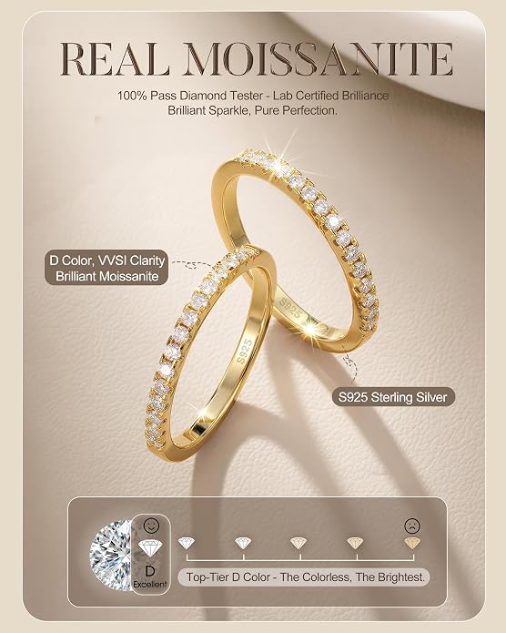 GEMQUEEN 2Pcs Moissanite Rings for Women : 18K White Gold Plated 925 Sterling Silver Engagement Ring Eternity Wedding Band Dainty Moissanite Stackable Jewelry Set D Color VVS1 Clarity Size 4-10