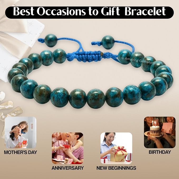 Amazing Gemstone Chrysocolla Bracelet, Gifts for Men & Women - Protection Healing Crystal Bracelet - 8mm Gemstone Beaded Adjustable Bracelet, Pulseras para Hombres Mujer Stocking Stuffers