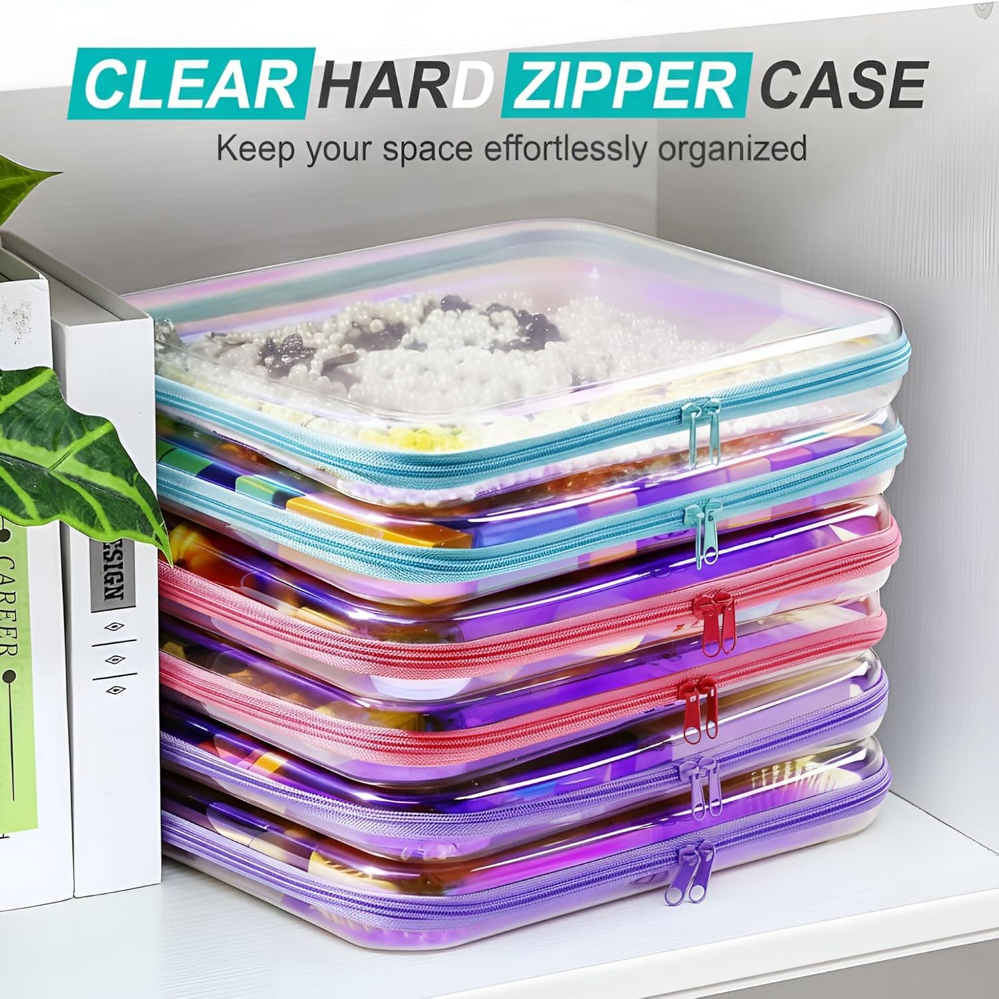 Sanwuta 6 Pcs Clear Hard Zipper Case Pencil Pouches Hard Plastic Zipper Pouches Makeup Bag Transparent Cases for Snacks Plastic Storage Organizer Box for Travel(Holographic,13.78 x 11.81 x 2 Inch)