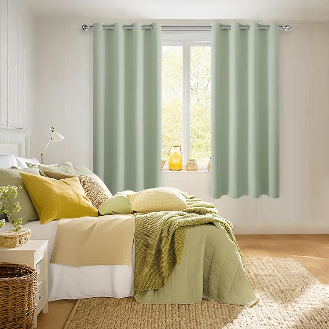 Hiasan Blackout Curtains for Bedroom, 52 x 63 Inches Length - Thermal Insulated & Light Blocking Window Curtains for Living Room/Kids Room, 2 Drape Panels Sewn with Tiebacks, Seafoam Green