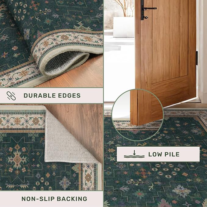 Hazo Haus Vintage 8x12 Large Area Rugs for Living Room - Oriental Dark Green Rug for Bedroom Under Bed, Washable Soft Dining Room Rug Under Kitchen Table, Low Pile Non Slip Unique Indoor Décor