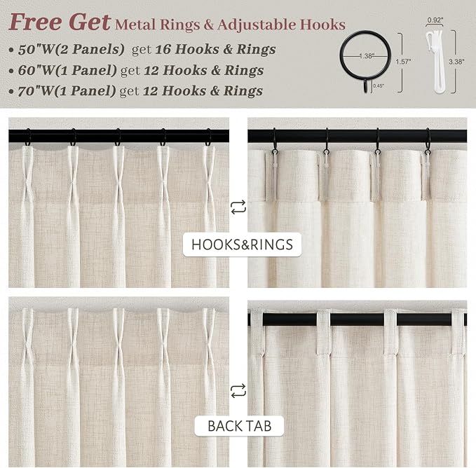 Pinch Pleated Ivory Birch 60 Inch Wide Bedroom Curtains 84 Inches Long 1 Panel, Memory Shape Thick Linen Sheer Light Filtering Neutral Window Curtain & Drapes 60 x 84 Inch Length for Living Room