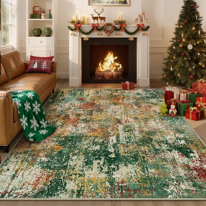 RELEANY Washable Area Rugs 5'x7' Non-Slip Modern Abstract Soft for Living Room Entryway Bedroom Kitchen, Print Pattern, Green Orange Rust Red Cream Colorful