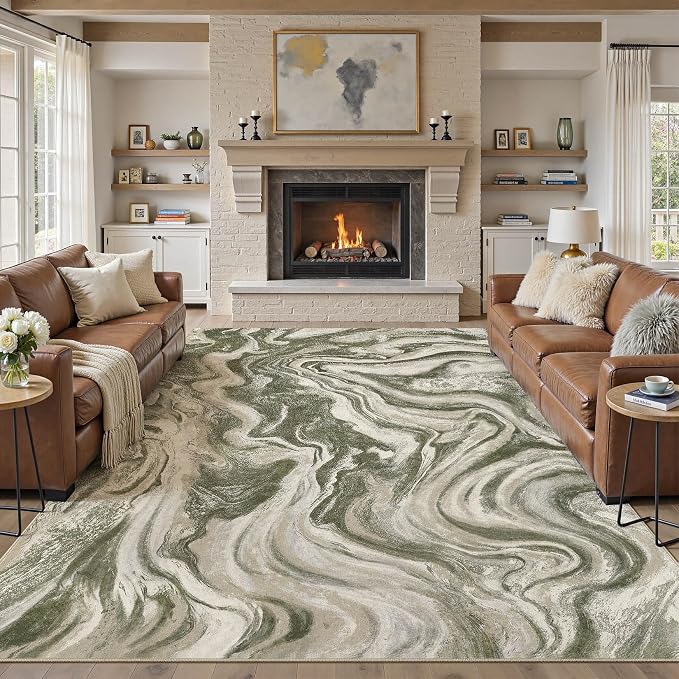 DMOYEST 9x12 Area Rug for Living Room:Washable Modern Neutral Abstract Rug with Low Pile Non Slip Soft Thin Large Indoor Carpet for Bedroom Dining Room Home Office Decor-Olive Green