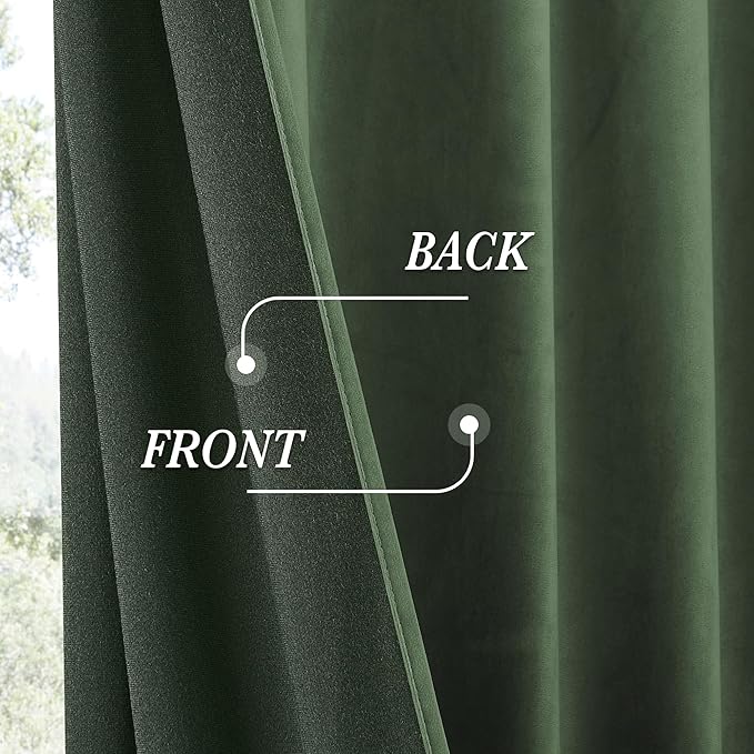 RYB HOME Army Green Velvet Curtains for Bedroom Living Room, Thermal Insulated Privacy UV Heat Blocking Luxurious Soft Rod Pocket Back Tab Drapes for Nursery, 52" W x 120" L, 2 Panels
