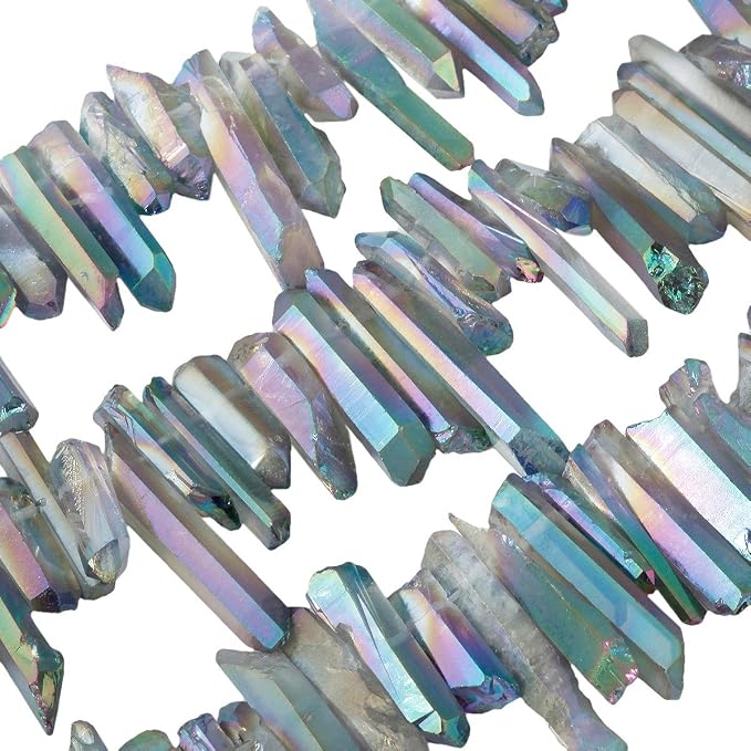 SUNYIK Transparent Green Titanium Coated Crystal Points Quartz Rough Sticks Spikes Point Beads 15 inch Strand Drilled