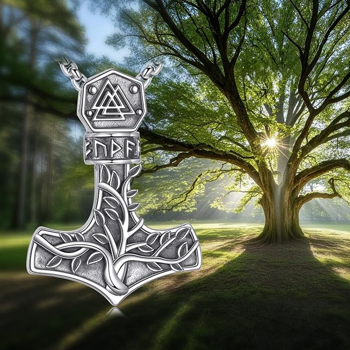 Viking Thor's Hammer Necklace Sterling Silver Vintage Norse Mjolnir Pendant Amulet Jewelry Gifts for Women Men
