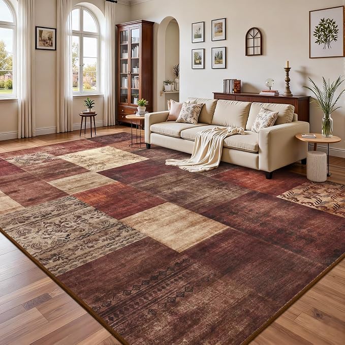 DweIke Washable Area Rugs 4x6 for Living Room, Modern Geometric Red Soft Patchwork Carpet, Non-Slip Stain Resistant Throw Rug for Bedroom Dining Room Office Home Decor