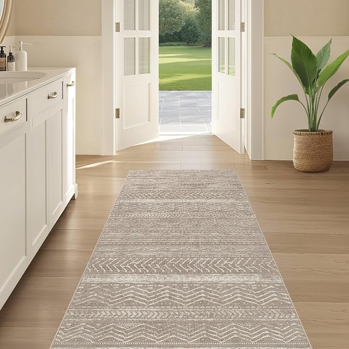 Nakagishi Area Rug Living Room Rugs: 3X8 Machine Washable Boho Large Neutral Farmhouse Stain Resistant Moroccan Indoor Floor Carpet for Bedroom Nursery Dorm Dining Room Home-Dark Brown