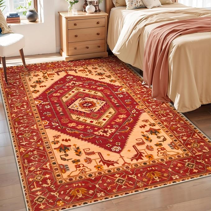 SERISSA Area Rug 3x5 Boho Rugs for Bedroom, Washable Non-Slip Living Room Rug, Ultra Soft Print Distressed Vintage Red Rug Low-Pile Throw Carpet for Entry Kitchen Bedroom Nursery Dorm Decor