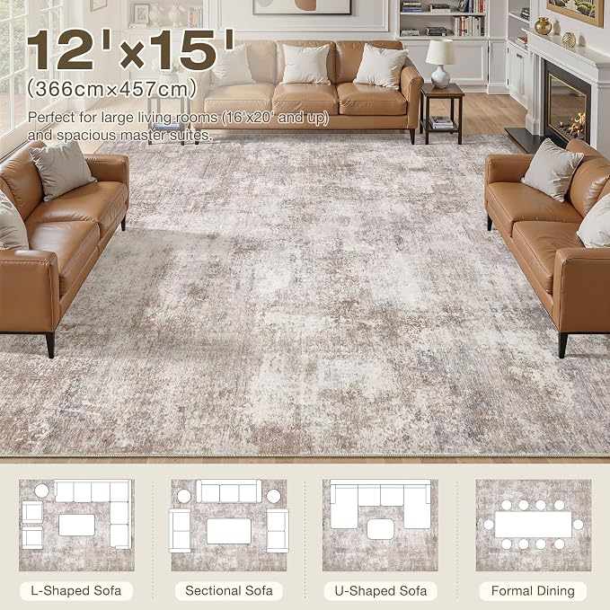 12x15 Area Rugs for Living Room, 12x15 Rug Washable High-Low Pile | Neutral Modern Abstract Carpet, Non Slip Lightweight Soft Made for Dining Room, Home Office Indoor Decor - Brown