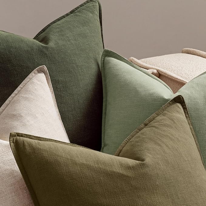 MIULEE Green and White Boho Linen Pillow Covers 18x18 Inch Pack of 4 | Natural Throw Pillow Covers Soft Farmhouse Couch Pillowcases Modern Decor for Living Room Bed Sofa