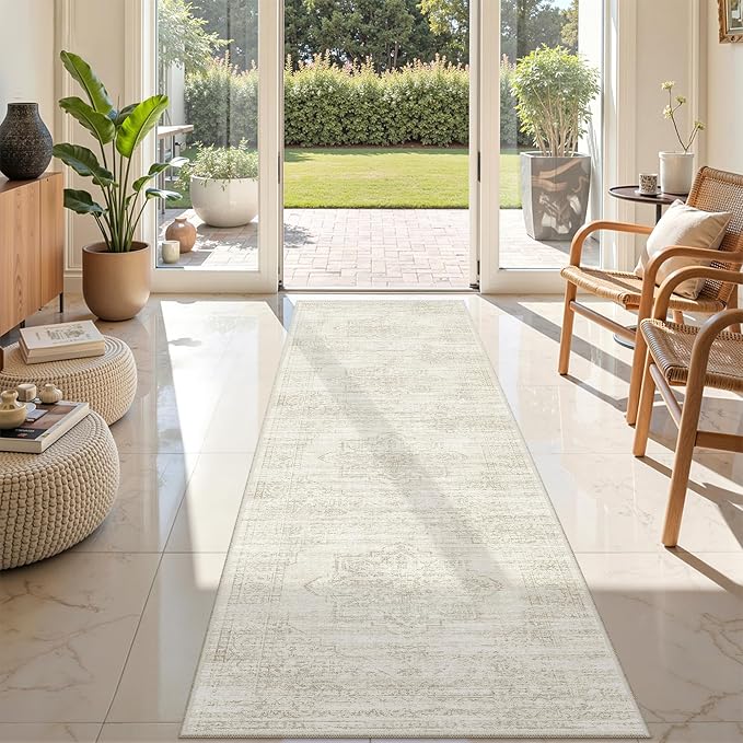 2x8 Runner Rug Non Slip,Washable Hallway Runner Rug,Beige | Neutral Rugs for Kitchen,Entryway,Bedroom,Bathroom,Nursery Room,Thin,Soft Runner Rug,Stain Resistant Indoor Carpet