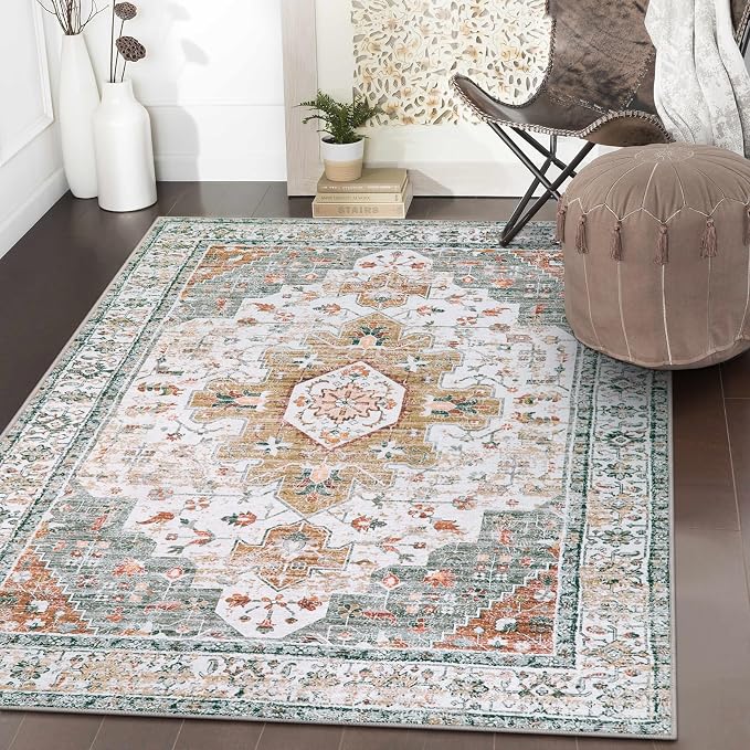 Moynesa Ultra-Thin Washable Area Rug - 3x5 Entryway Rug Washable Bedroom Rug Non Slip Front Door Mat, Vintage Medallion Printed Indoor Carpet for Living Laundry Bathroom Vanity Foyer, Beige/Gold