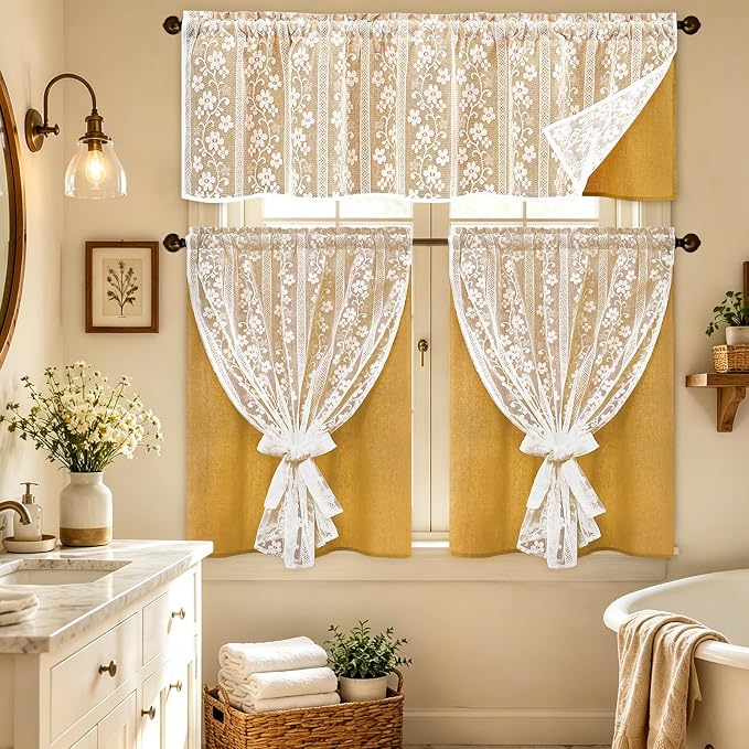 ASPMIZ Linen Valances for Windows Double Layer Valance Curtains with Lace Overlay, Mustard Yellow Kitchen Curtains Light Filtering, Rod Pocket Window Valances for Living Room, Kitchen, Cafe, 52x18