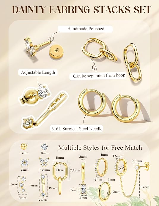 Small 14K Gold Plated Huggie Hoop Earrings for Women Lightweight Double Piercing Chain Earrings Dainty Stud Earrings Hypoallergenic 14K Gold Plated Hoop Earrings Set