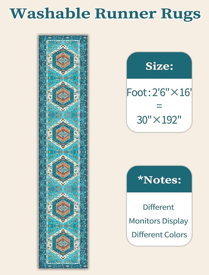 SERISSA Runner Rug for Hallways, 2'6"x16' Washable Non Slip Kitchen Runner Rug, Extra Long Boho Rug Ultra Soft Vintage Blue Print Floor Carpet for Bedroom Hallway Entryway Bathroom Laundry Room
