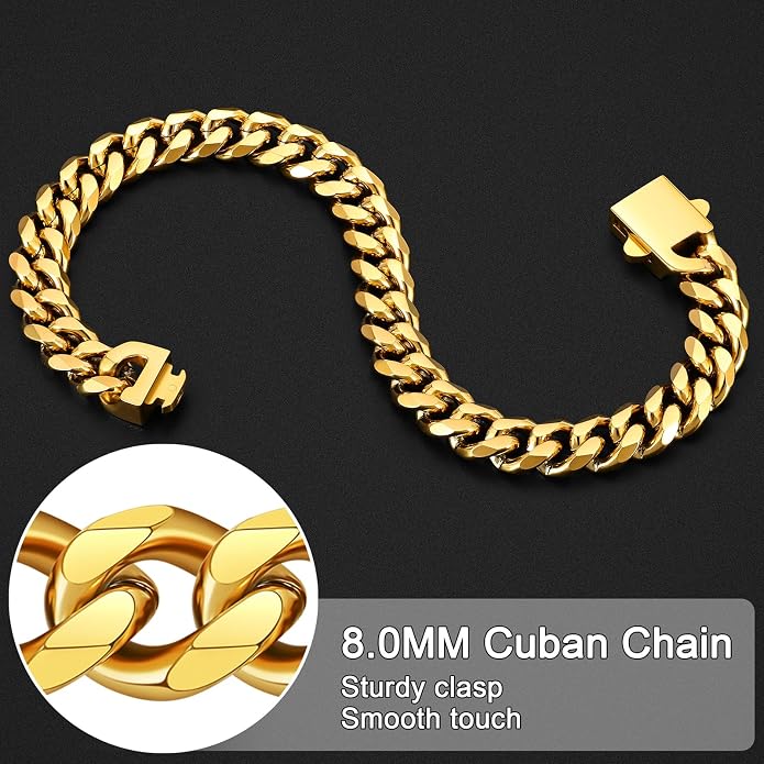 Fiusem Mens 14K Gold Plated Bracelets for Men, Stainless Steel Cuban link Bracelet for Men