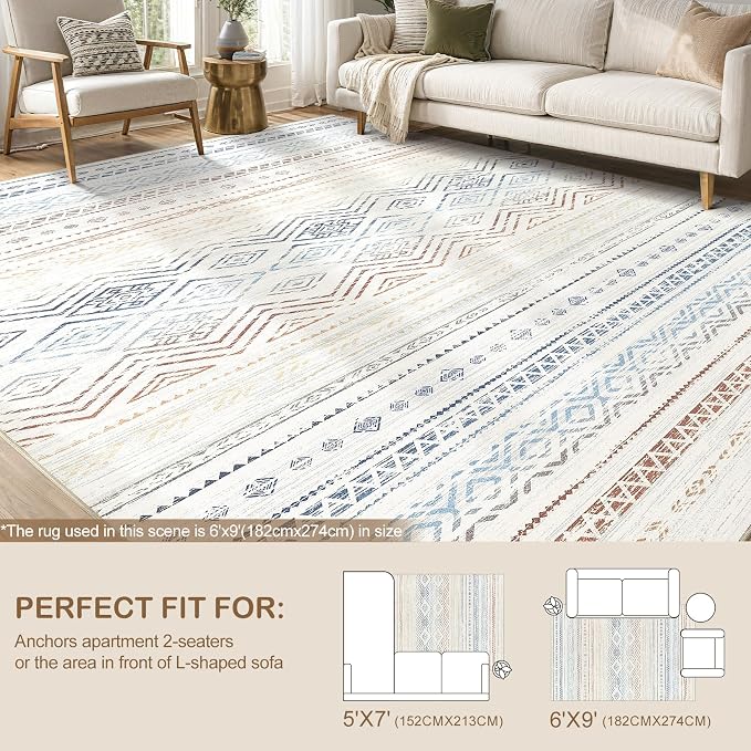 Tortania Area Rug Living Room Rugs- 6x9 Washable Large Soft Neutral Boho Moroccan Bohemian Farmhouse Rug Indoor Floor Carpet for Bedroom Under Dining Table Home Office Decor - Multicolor