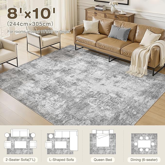 8x12 Rugs for Living Room, Washable Non Slip Bedroom Large Area Rug | Neutral Modern Abstract Carpet, Stain Resistant High-Low Pile, Made for Farmhouse Dining Room, Nursery, Home Office - Gray