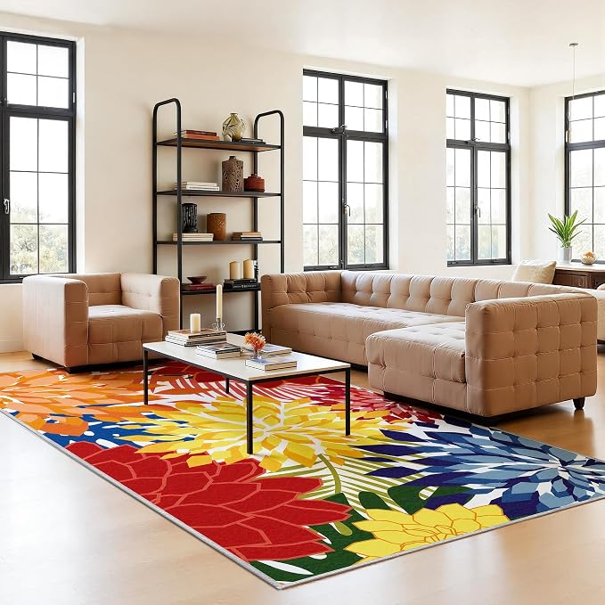 ZonLi Colorful Outdoor Rug 8x10Ft Waterproof Multicolored Indoor Area Rug Washable Outdoor Patio Rugs Tropical Floral Non Slip Outdoor Carpet for Living Room, Pool,Backyard,Deck,Camping