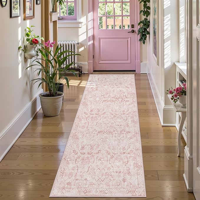 Pink 3x7 Runner Rug for Hallways Bed Side Kitchen, Boho Washable Distressed Low-Pile Floor Entryway Long Bathroom Mat, Non-Slip Laundry Room Washstand Front Carpet 36x84 Inch