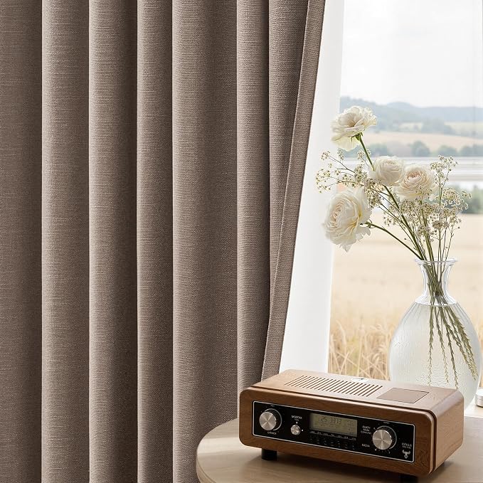 Topfinel 92 inch Long 100% Blackout Drapes 2 Panels Linen Texture Curtains Warm Taupe Window Curtain with Back Tab Rod Pocket Light Blocking Thermal Insulated Panel for Bedroom Living Room Dark Flax