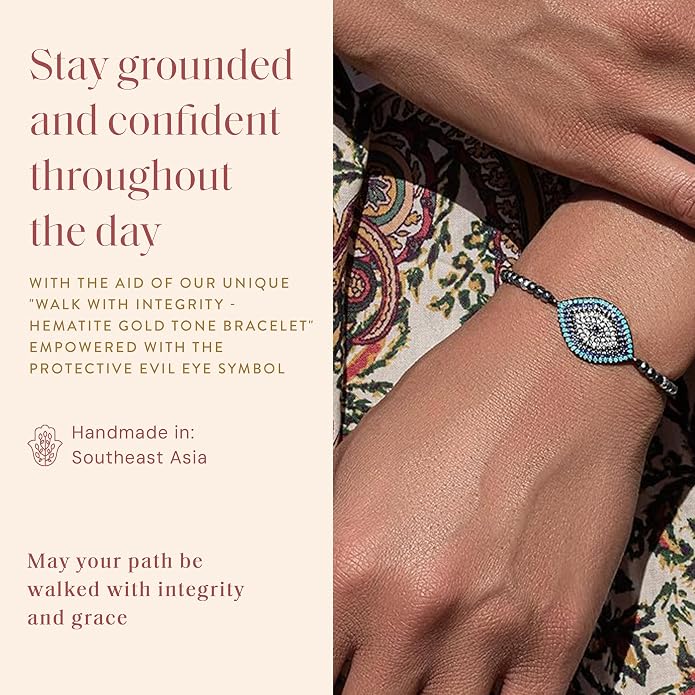 KARMA AND LUCK - Walk with Integrity - Women's Genuine Hematite Stones Gold Tone 5.5" to 7.5" Bracelet with Adjustable Drawstring Closure Handmade in Southeast Asia