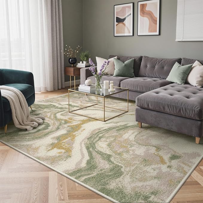 GENIMO Abstract Area Rug 8x10, Washable Large Modern Rug Non Slip, Low Pile Lightweight Soft Carpet for Living Room, Bedroom, Dining Room, Green Pink