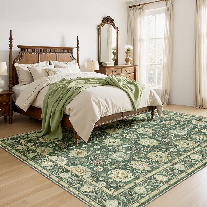 AMADA HOMEFURNISHING 9x12 Area Rug for Living Room, Vintage Washable Area Rug Low-Pile & Non-Slip Carpet for Bedroom Dining Room Nursery Home Office, Olive Green