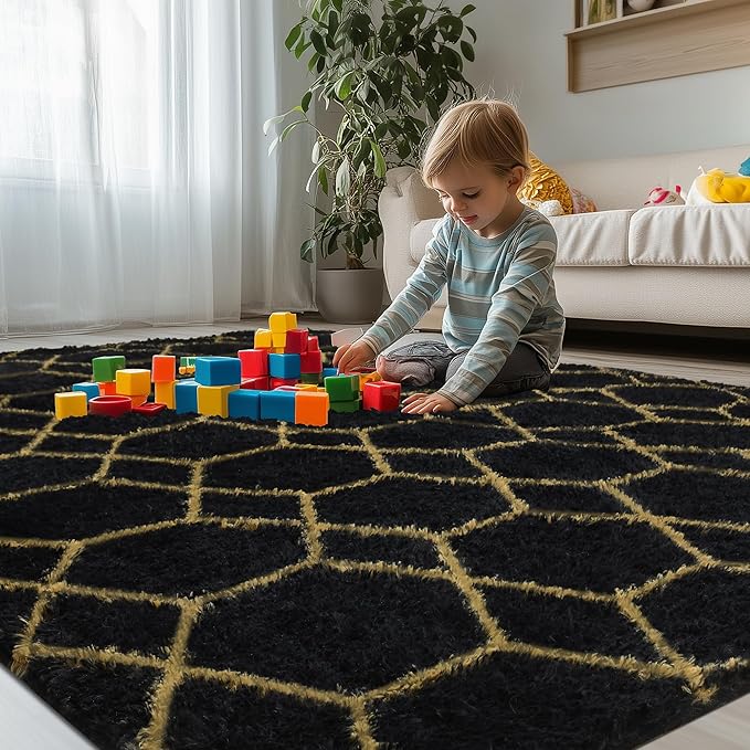 Fluffy Rug for Bedroom, Soft 4x6 Black Shag Plush Geometric Area Rugs | Modern Black and Gold Rug, Non Slip Carpet for Living Room, Aesthetic Home Decor, Fuzzy Floor Mat for Nursery Teen Dorm