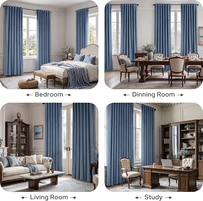 HOMEIDEAS 100% Blackout Blue Velvet Curtains, Thermal Noise Reduction Soft Luxury Vintage Christmas Velvet Curtains for Bedroom Decor, Living Room, Home, 52 X 108 Inch, 2 Panels