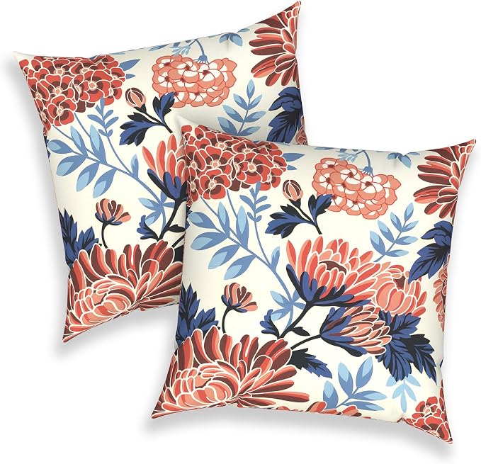 Outdoor 16x16 Inch Throw Pillow Covers Set of 2, Covers ONLY, All Weather Square Pillow Cases, Patio Cushion Pillow of Home Furniture Use, Red Chrysanthemum