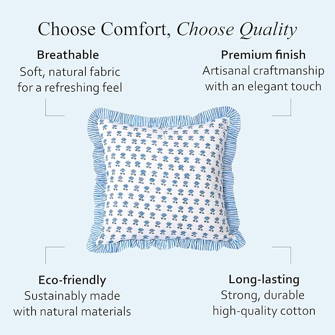 CPC Arctic Blue Hand Block Print 100% Cotton Ruffle Throw Pillow Cover 20x20 inch with Hidden Zipper Decorative for Couch, Bed, Sofa, Farmhouse, Cottagecore Decor Gift Christmas Fall Thanksgiving
