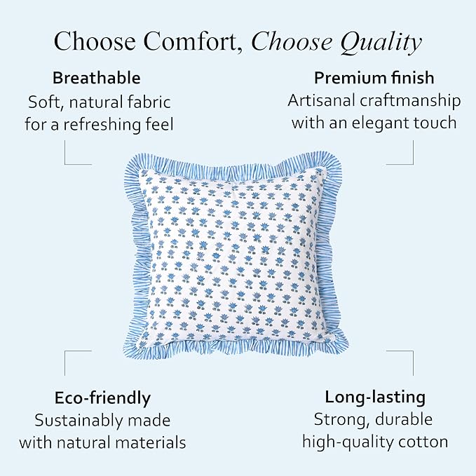 CPC Arctic Blue Hand Block Print 100% Cotton Ruffle Throw Pillow Cover 24x24 inch with Hidden Zipper Decorative for Couch, Bed, Sofa, Farmhouse, Cottagecore Decor Gift Christmas Fall Thanksgiving