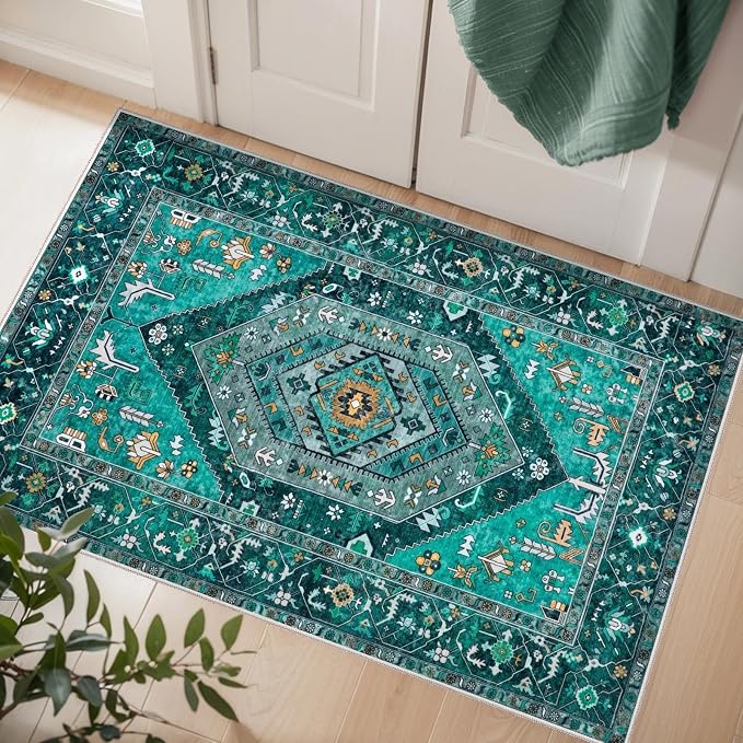 SERISSA Boho Rugs for Entryway, 2x3 Teal Entryway Rug Non-Slip Washable Small Area Rug, Ultra Soft Oriental Vintage Low-Pile Indoor Door Mat Floor Carpet for Entrance Bedroom Kitchen Bathroom