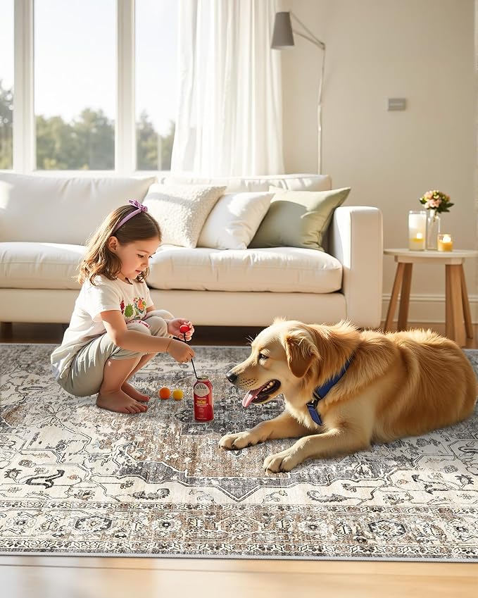befbee 9x12 Area Rugs for Living Room,Ultra-Thin Washable Rug, Non-Slip Lightweight Foldable Area Rug, Stain Resistant Vintage Large Rugs(Brown/Grey,9'x12')