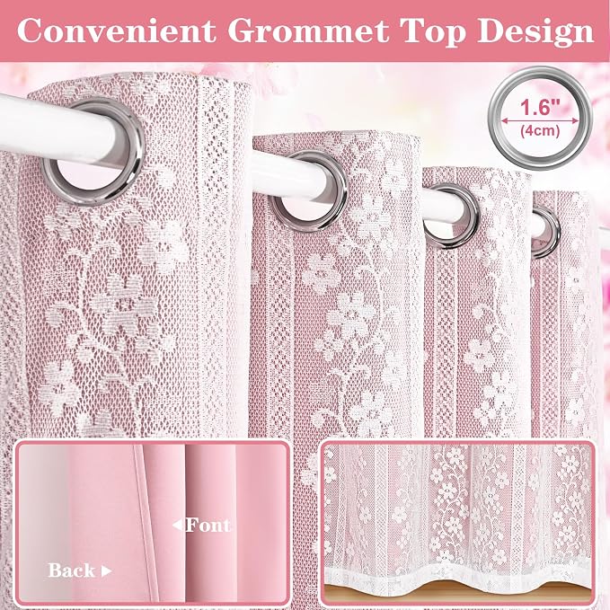 ASPMIZ Pink Blackout Curtains for Bedroom 63 inch Long, Double Layer Curtains with Lace Overlay, Light Blocking Grommet Drapes for Girls Living Room Thermal Insulated Window Curtain Set of 2, 52x63